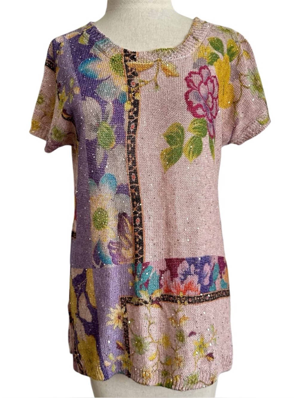 Etro Milano short Sleeve Pink Embellished Floral Sweater Top Tunic Size 44